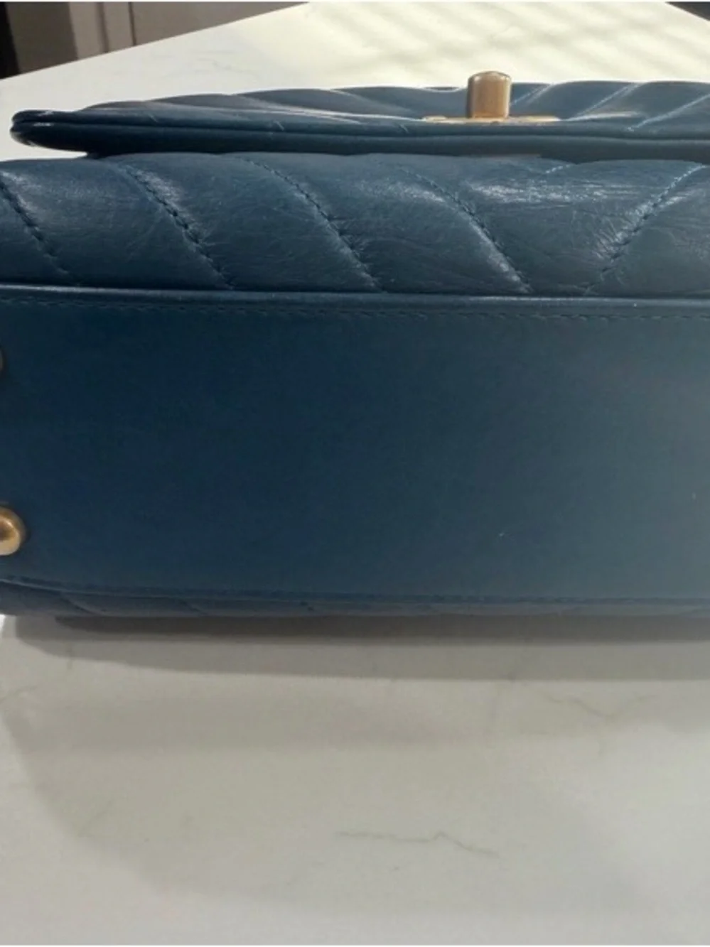 CHANEL Quilted Top Handle Satchel in Navy with Gold Hardware